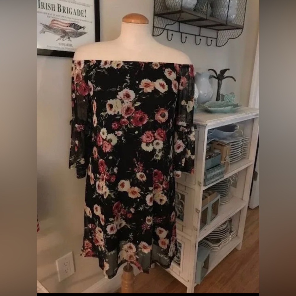 Potters Pot Black Floral Sheer Off-Shoulder Fitted Cocktail Dress Large L NWOT